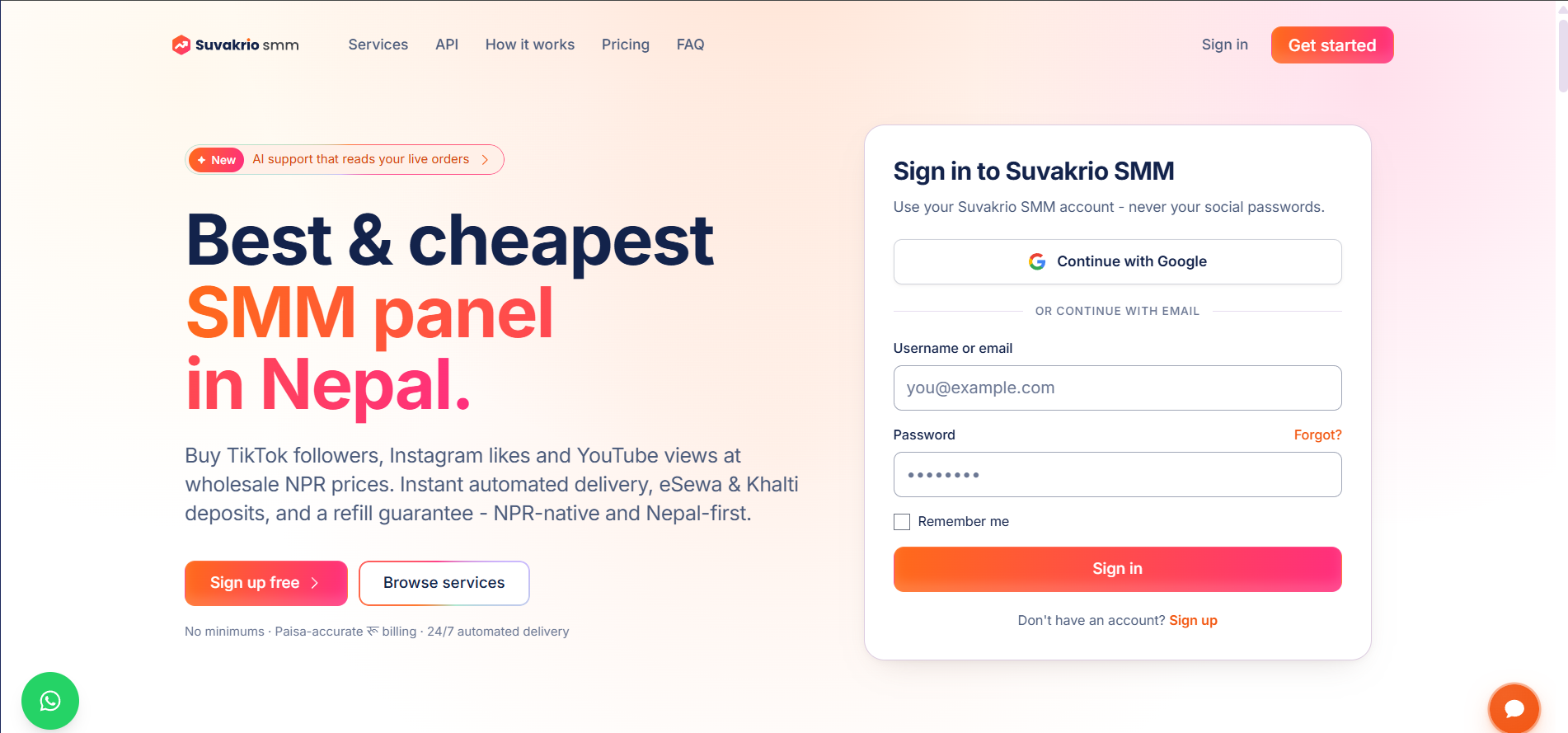 The SuvakrioSMM automated reseller platform and order dashboard.